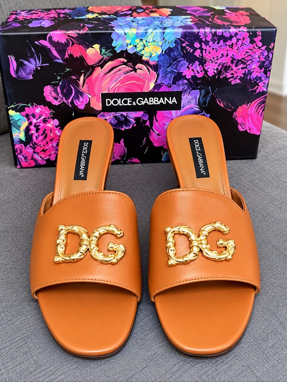 Dolce & Gabbana Brown Leather Slide Mules with Gold DG Logo